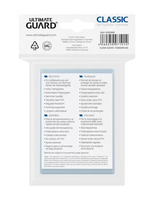 100 pochettes Classic Soft Sleeves taille standard Transparent ULTIMATE GUARD